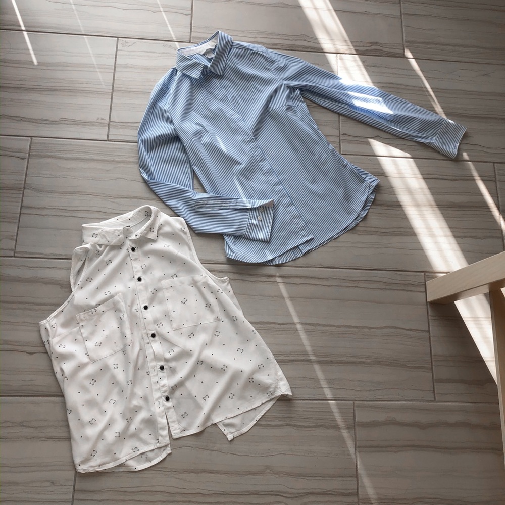 Cat printed blouse and striped shirt bundle